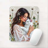 Woman and White Cat and Dandelions  Muismat (Met muis)