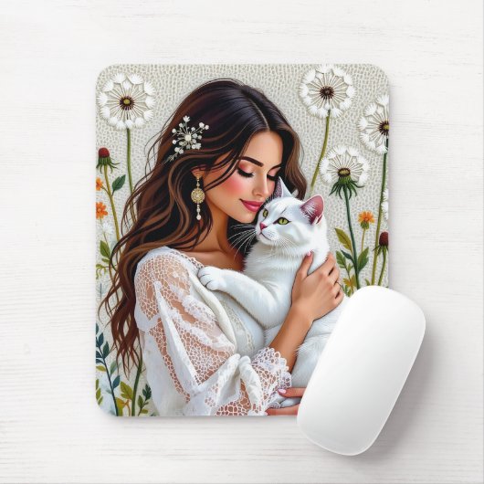 Woman and White Cat and Dandelions  Muismat (Met muis)