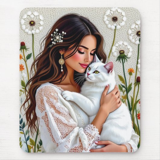Woman and White Cat and Dandelions  Muismat (Voorkant)