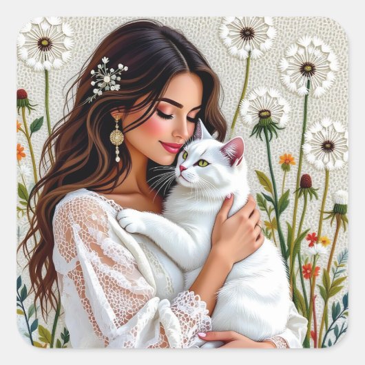 Woman and White Cat and Dandelions Vierkante Sticker (Voorkant)