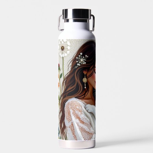 Woman and White Cat and Dandelions Waterfles (Voorkant)