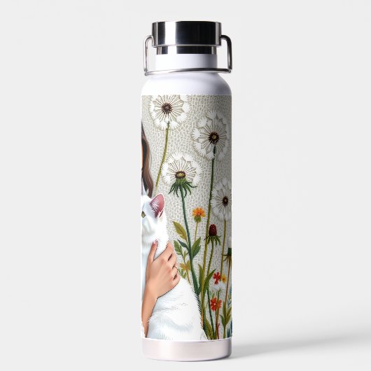 Woman and White Cat and Dandelions  Waterfles (Achterkant)