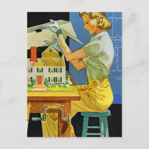 Woman Architect Miniature House Blueprints Briefkaart