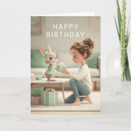 Woman & Baby Bunny in Mint Green Dress Birthday Kaart