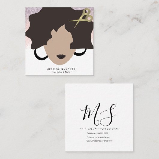 Woman Brown Hair Faux Gold Glitter Salon Beauty Vierkante Visitekaartje (Voorkant / Achterkant)