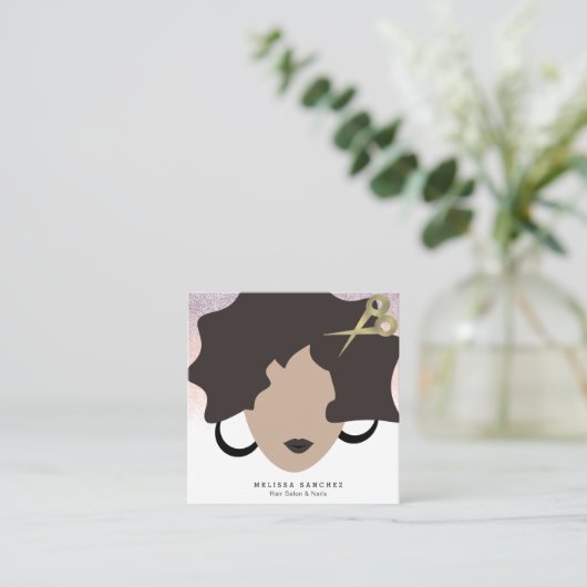 Woman Brown Hair Faux Gold Glitter Salon Beauty Vierkante Visitekaartje (Staand voorkant)