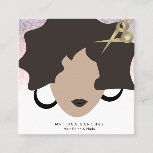 Woman Brown Hair Faux Gold Glitter Salon Beauty Vierkante Visitekaartje (Voorkant)