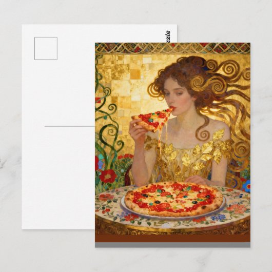Woman Eating Pizza Faux Klimt Art Briefkaart (Voorkant / Achterkant)
