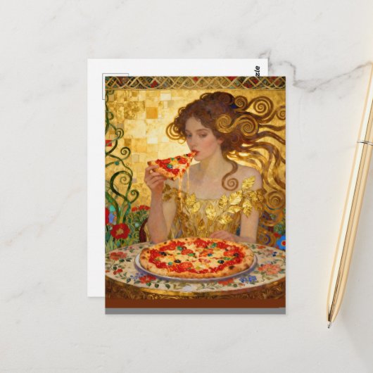 Woman Eating Pizza Faux Klimt Art Briefkaart (Voorkant / Achterkant in situ)