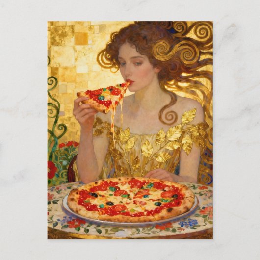 Woman Eating Pizza Faux Klimt Art Briefkaart (Voorkant)