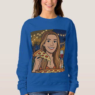 Woman enjoying wine and pizza outside trui