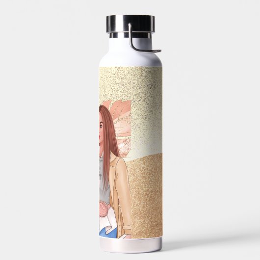 Woman Fashionista Pink Gold Red Hair Water Bottle Waterfles (Links)