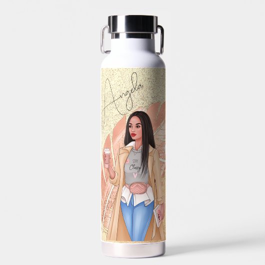 Woman Fashionista Pink Gold Water Bottle Waterfles (Voorkant)