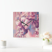 Woman Flowers Pink Blue Hard Pastel Drawing Vierkante Klok (Huis)