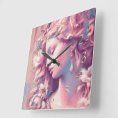 Woman Flowers Pink Blue Hard Pastel Drawing Vierkante Klok (Hoek)