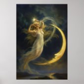 Woman Flying By A Crescent Moon Face Poster (Voorkant)