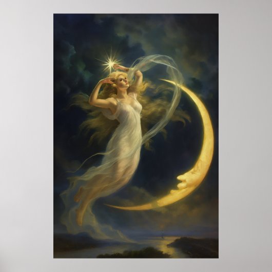 Woman Flying By A Crescent Moon Face Poster (Voorkant)