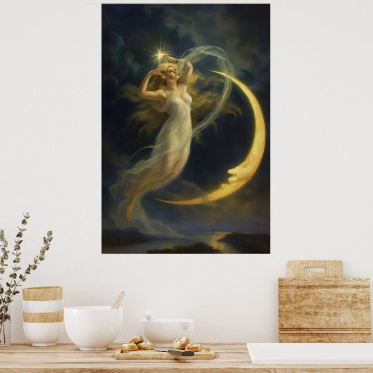 Woman Flying By A Crescent Moon Face Poster (Keuken)