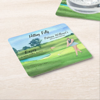 Woman Golf Player Hitting Fifty 50th Birthday Kartonnen Onderzetters