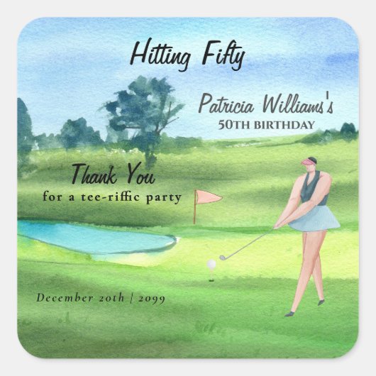 Woman Golf Player Hitting Fifty 50th Birthday Vierkante Sticker (Voorkant)
