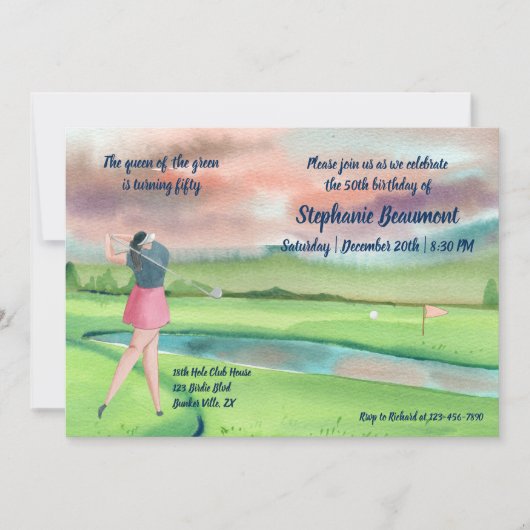Woman Golf Player Swinging Fifties 50th Birthday Kaart (Voorkant)