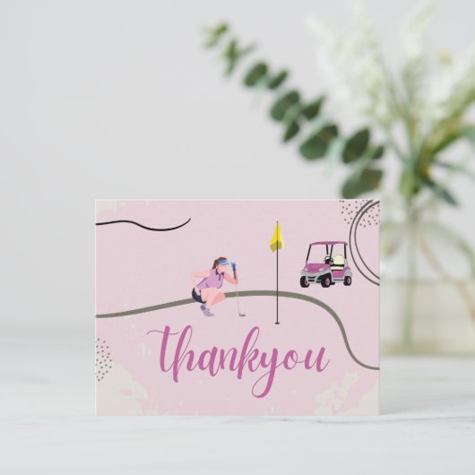 Woman Golfer en Golf Cart Dank u Roze thema Briefkaart (Staand voorkant)