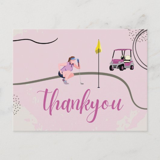 Woman Golfer en Golf Cart Dank u Roze thema Briefkaart (Voorkant)