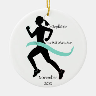 Woman Half marathon Runner Blauwgroen Keramisch Ornament