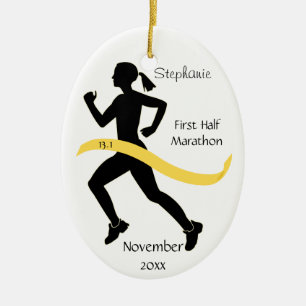 Woman Half marathon Runner Ornamner in Yellow Gold Keramisch Ornament