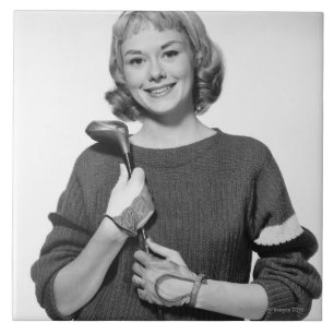 Woman Holding Golf Club Tegeltje
