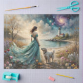 Woman in blue gown on beach with dog, lighthouse. tissuepapier (Craft)