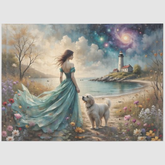 Woman in blue gown on beach with dog, lighthouse. tissuepapier (Voorkant)