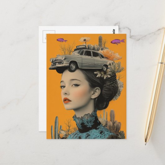 Woman in Desert with fish and car Surreal collage Briefkaart (Voorkant / Achterkant in situ)