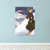 Woman in Green Skiing Poster Canvas Afdruk (Insitu (Houten vloer))