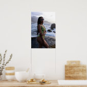 Woman In Green Swimsuit By The Ocean Poster (Keuken)