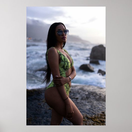 Woman In Green Swimsuit By The Ocean Poster (Voorkant)
