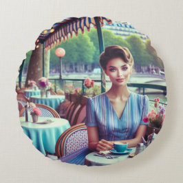 Woman in restaurant rond kussen