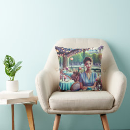 Woman in restaurant Throw Pillow Kussen