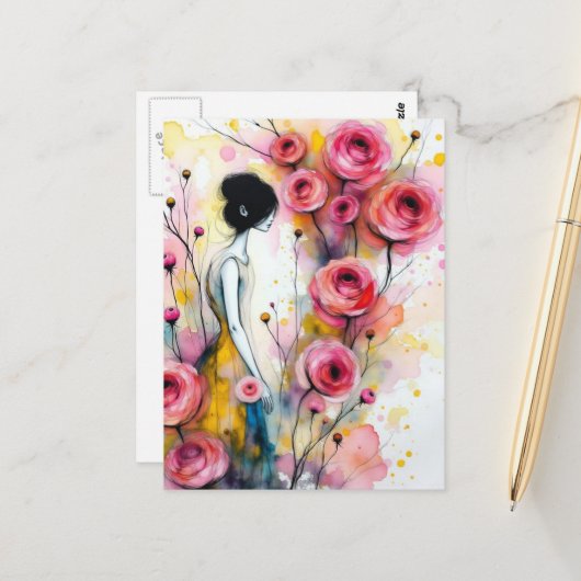Woman In the Secrect Garden Pink Flowers Briefkaart (Voorkant / Achterkant in situ)