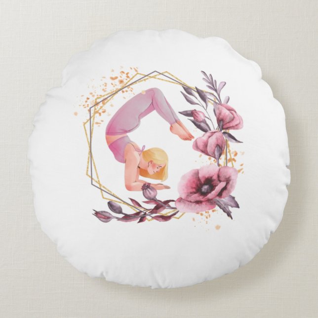 Woman in yoga pose pink flower spiritual rond kussen (Voorkant)