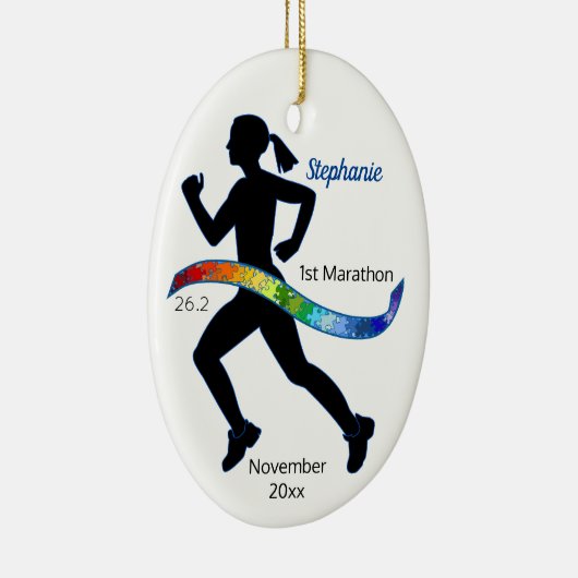 Woman Marathon Autism Puzzle Rainbow Ribbon Keramisch Ornament (Rechts)