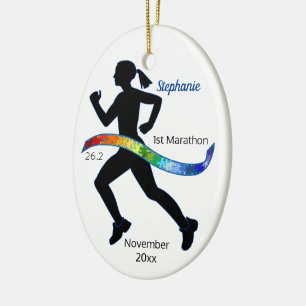 Woman Marathon Autism Puzzle Rainbow Ribbon Keramisch Ornament