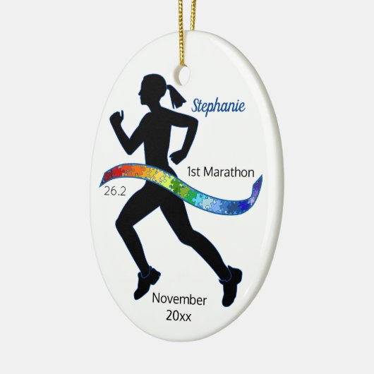 Woman Marathon Autism Puzzle Rainbow Ribbon Keramisch Ornament (Links)