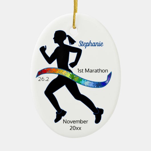 Woman Marathon Autism Puzzle Rainbow Ribbon Keramisch Ornament (Voorkant)