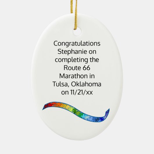 Woman Marathon Autism Puzzle Rainbow Ribbon Keramisch Ornament (Achterkant)