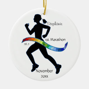 Woman Marathon Runner Puzzle Rainbow Ribbon Keramisch Ornament