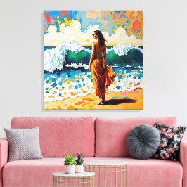 Woman on Beach Abstract Seaside Art Canvas Afdruk