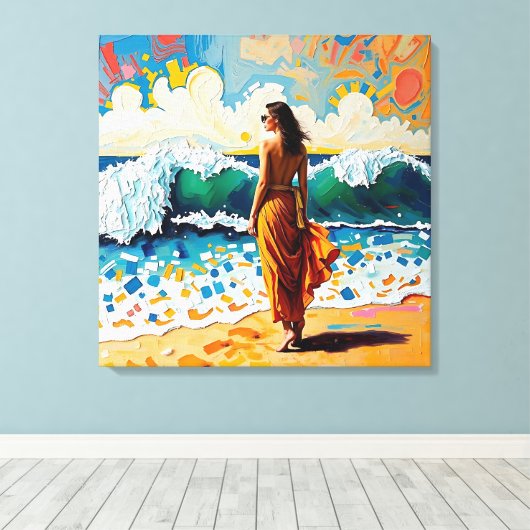 Woman on Beach Abstract Seaside Art Canvas Afdruk (Insitu (Houten vloer))