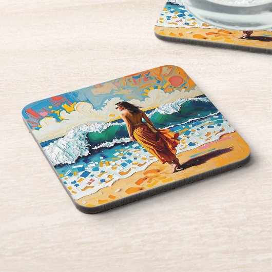 Woman on Beach Abstract Seaside Art Personalized Bier Onderzetter (Linkerzijde)