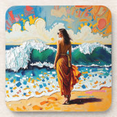 Woman on Beach Abstract Seaside Art Personalized Bier Onderzetter (Voorkant)